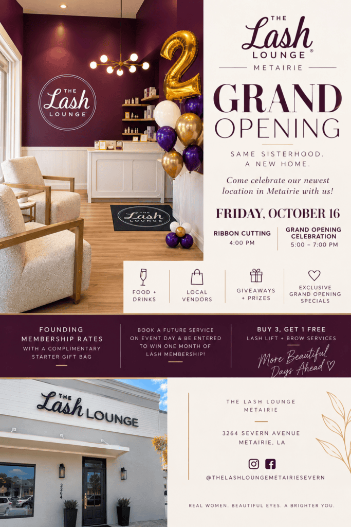 The Lash Lounge Metairie grand opening flyer featuring membership offers and location details for Gulf South weddings.
