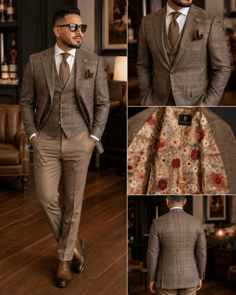 Full, torso, interior, and back views of a man wearing a brown plaid three-piece suit by Pearce Bespoke.