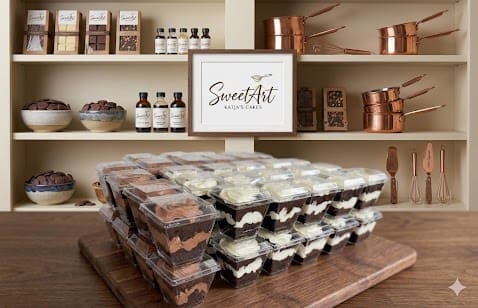 Stack of SweetArt Cakes chocolate and cream dessert cups in a bakery kitchen with copper tools and ingredients.