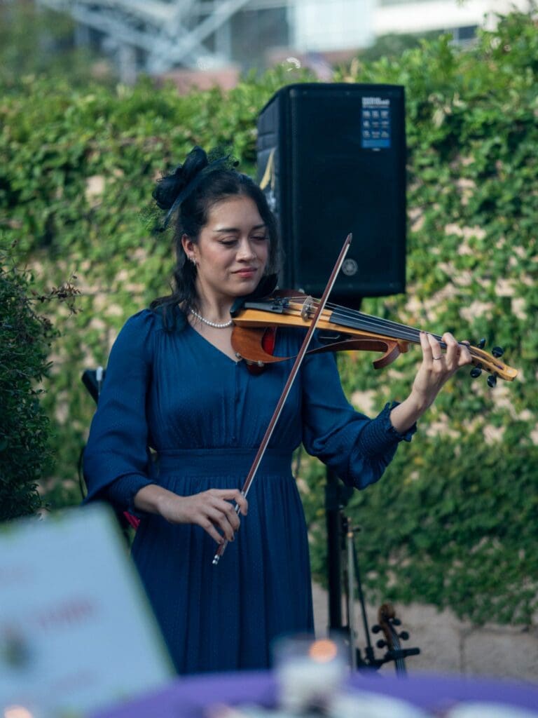 Woman in a blue dress playing the violin in front of a speaker and hedge.