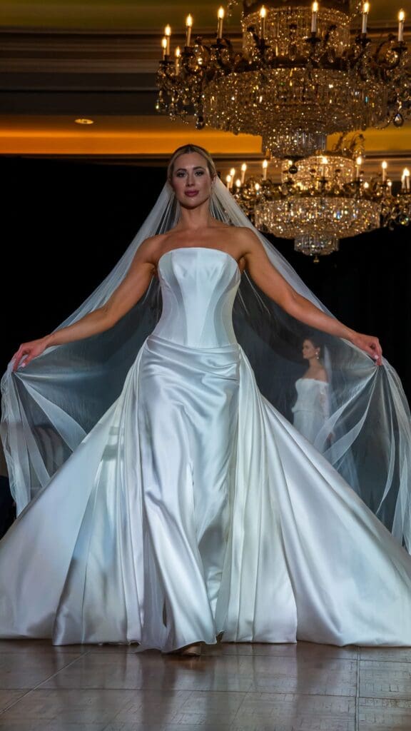 Bride in a strapless white wedding gown with a long, sweeping veil walking down a runway.
