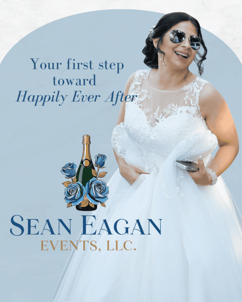 Smiling bride in a custom white wedding gown and sunglasses, with Your first step toward Happily Ever After text and logo.