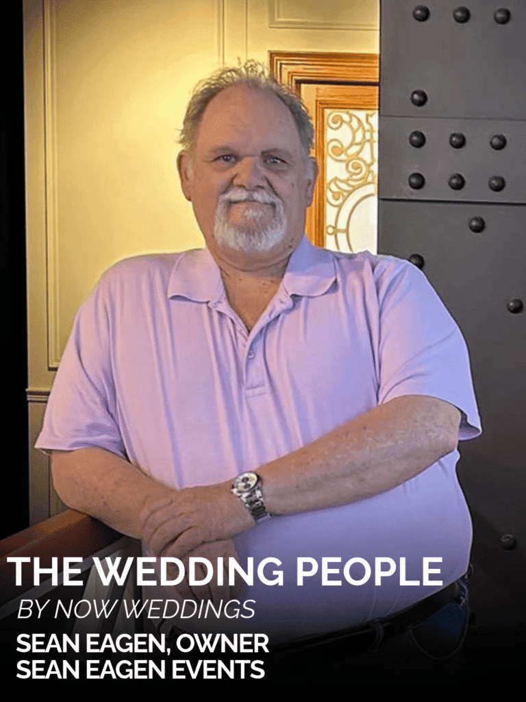 Sean Eagen, owner of Sean Eagen Events, wearing a custom light purple polo shirt with arms crossed.