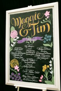 Chalkboard wedding sign with Maggie and Tim’s party details in colorful lettering, decorated with flowers and greenery.