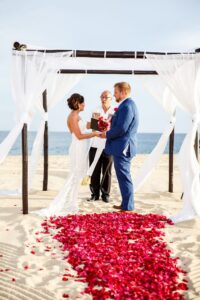 Bride and groom hold hands under a white beach canopy, red petals on sand, officiant and ocean in the background.