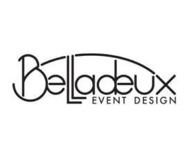Belladeux Event Design black and white logo with modern lettering and a curved line above part of the text.