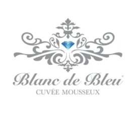 Blue diamond centered in gray ornate design above “Blanc de Bleu” cursive and “Cuvée Mousseux” uppercase on white background.