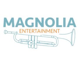 MAGNOLIA in blue with ENTERTAINMENT in orange below and a trumpet outline underneath both words.