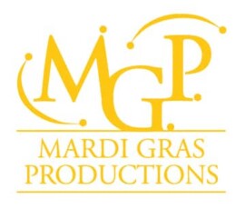 Yellow MGP with dots and curved lines above “Mardi Gras Productions” in all caps on a white background.
