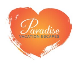 Orange heart with rough edges featuring “Paradise” in white script and “VACATION ESCAPES” in blue caps on a white background.