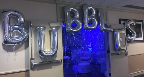 Silver letter balloons spelling BUBBLES hang above double doors, with blue lights and bubble decor visible in the festive room beyond.