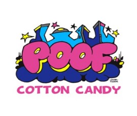 POOF in pink with blue accents and COTTON CANDY below in pink, set against a background of stars, clouds, and abstract shapes.