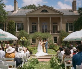 Bride and groom at outdoor altar before a large house, with guests under umbrellas—ideal inspiration for a Louisiana wedding.