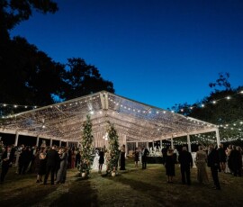 Outdoor New Orleans wedding reception under a clear tent with string lights; guests mingle on grass amid trees and glowing canopy.