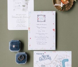 Elegant wedding flat lay with stationery, two ring boxes, gold dish, cream flower, and greenery on olive green background.