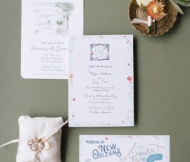 Wedding invitation suite, New Orleans map, gold rings, flowers, and dinner invite styled on green for wedding inspiration.