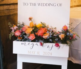 White wedding sign with flowers says “Welcome to the wedding of Megan & Jay, May 11, 2024” against a rustic brick wall.