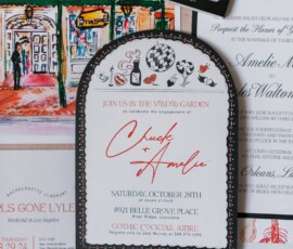 Elegant engagement invitations and art, featuring Chuck & Amelie in red script, festive decor, and a smiling couple magnet.