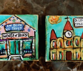 Colorful cartoon tiles of House of Blues and St. Louis Cathedral, ideal for joyful Louisiana or Gulf South wedding celebrations.