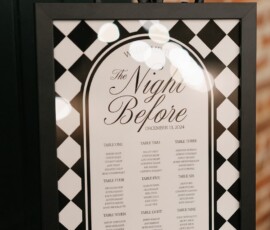 Black and white checkered seating chart titled The Night Before on easel against brick wall, for New Orleans wedding inspiration.