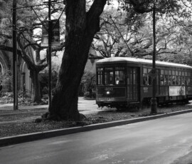 Black and white photo of a streetcar by leafless trees on an empty road near The Columns Hotel wedding venue in New Orleans.