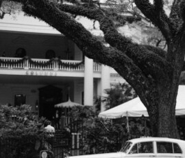 Vintage white car parked under mossy tree before grand columned building, perfect for a New Orleans wedding at The Columns Hotel.
