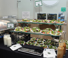 Buffet table with green salads, dressings, plates, utensils in napkins, and a covered dish for an elegant wedding reception.