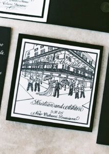 Black and white save-the-date card featuring a bride, groom, musicians in New Orleans; text: Kristian & Colston, 5-31-25.