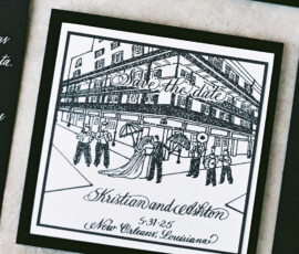 Black and white save-the-date card featuring a bride, groom, musicians in New Orleans; text: Kristian & Colston, 5-31-25.