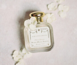 Acqua Della Regina perfume bottle with gold cap and white petals on a soft background, ideal for elegant Louisiana weddings.