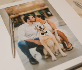 Couple kissing behind a happy dog in a bow tie, photo with pen on white surface, at a joyful New Orleans wedding.