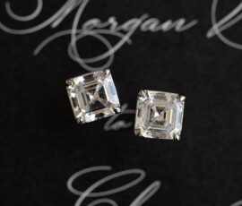 Sparkling square-cut diamond studs on black paper with “Morgan and Chase” script—perfect for Orange Beach Alabama weddings.