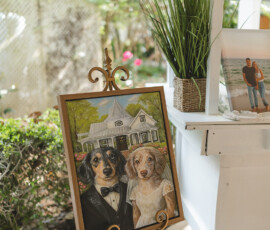 Portrait of two dogs as bride and groom on easel by a white booth with plants and photo in an outdoor Louisiana garden wedding.
