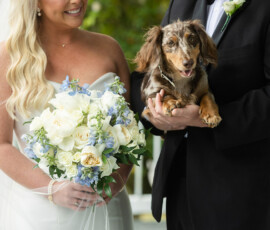 Bride with white and blue bouquet stands by groom in black suit holding brown dachshund; greenery in outdoor setting.