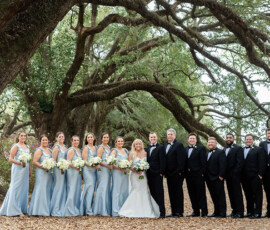 Louisiana wedding party under sprawling oaks; bridesmaids in light blue, groomsmen in black tuxedos on leafy path.