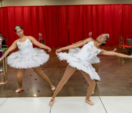 Three ballerinas in white tutus dance gracefully on stage amid red curtains, rose petals, and a watching audience.