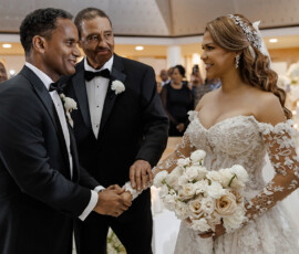 Bride in lace gown, bouquet in hand, is given away to groom at joyful Louisiana indoor wedding with smiling guests.