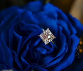 Princess-cut diamond engagement ring displayed atop a vivid royal blue rose in an elegant macro wedding detail portrait.