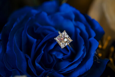 Princess-cut diamond engagement ring displayed atop a vivid royal blue rose in an elegant macro wedding detail portrait.